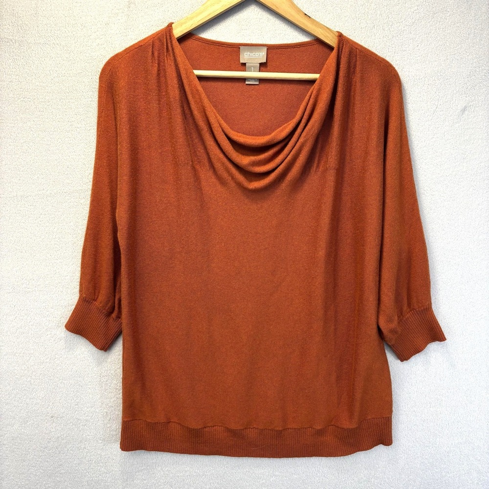 Chicos 1 Cashmere Blend Cowl Neck Sweater (Medium) Orange Dolman 3/4 Sleeve Knit